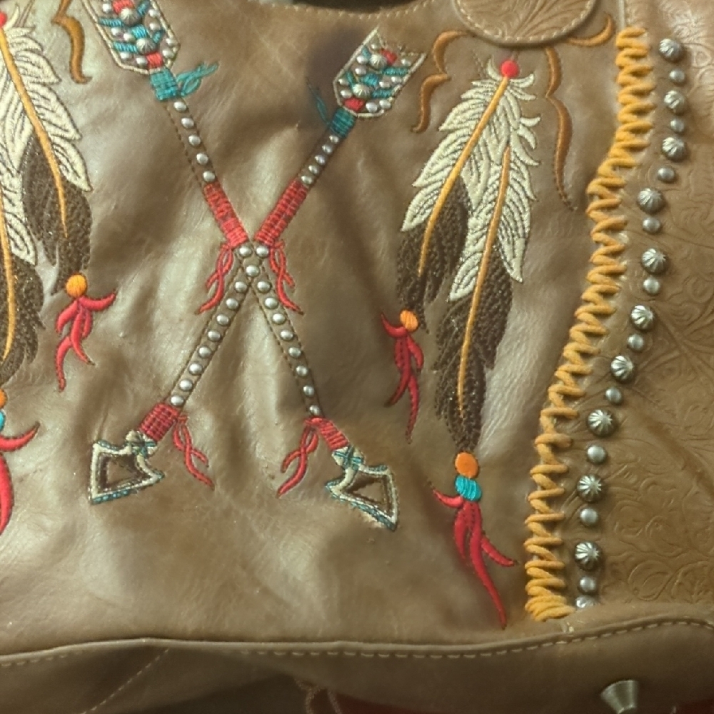 Embroidered Brown Leather Bag with Feather and Arrow Design